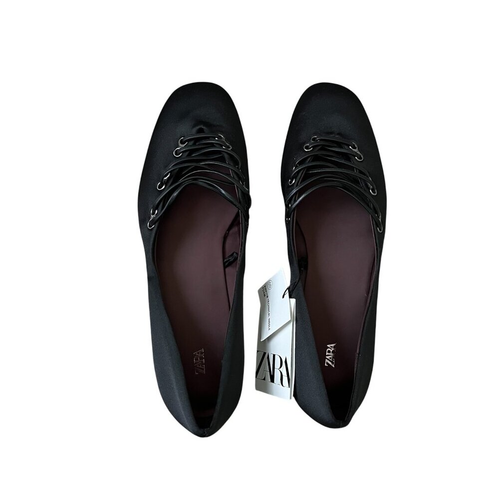 ZARA Satin Effect Ballet Flats Black Size 6.5 Crisscross Lace-Up Chic Trendy - Picture 3 of 8